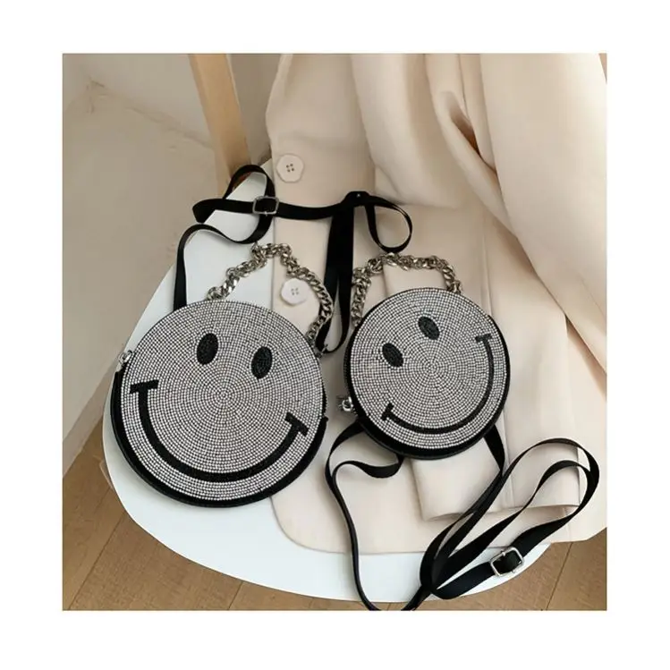 Luxury Diamonds Studded Round Shoulder Purses Chains Designer Smile Face Personality Women Hand Bags Evening Dinner Clutch Bags
