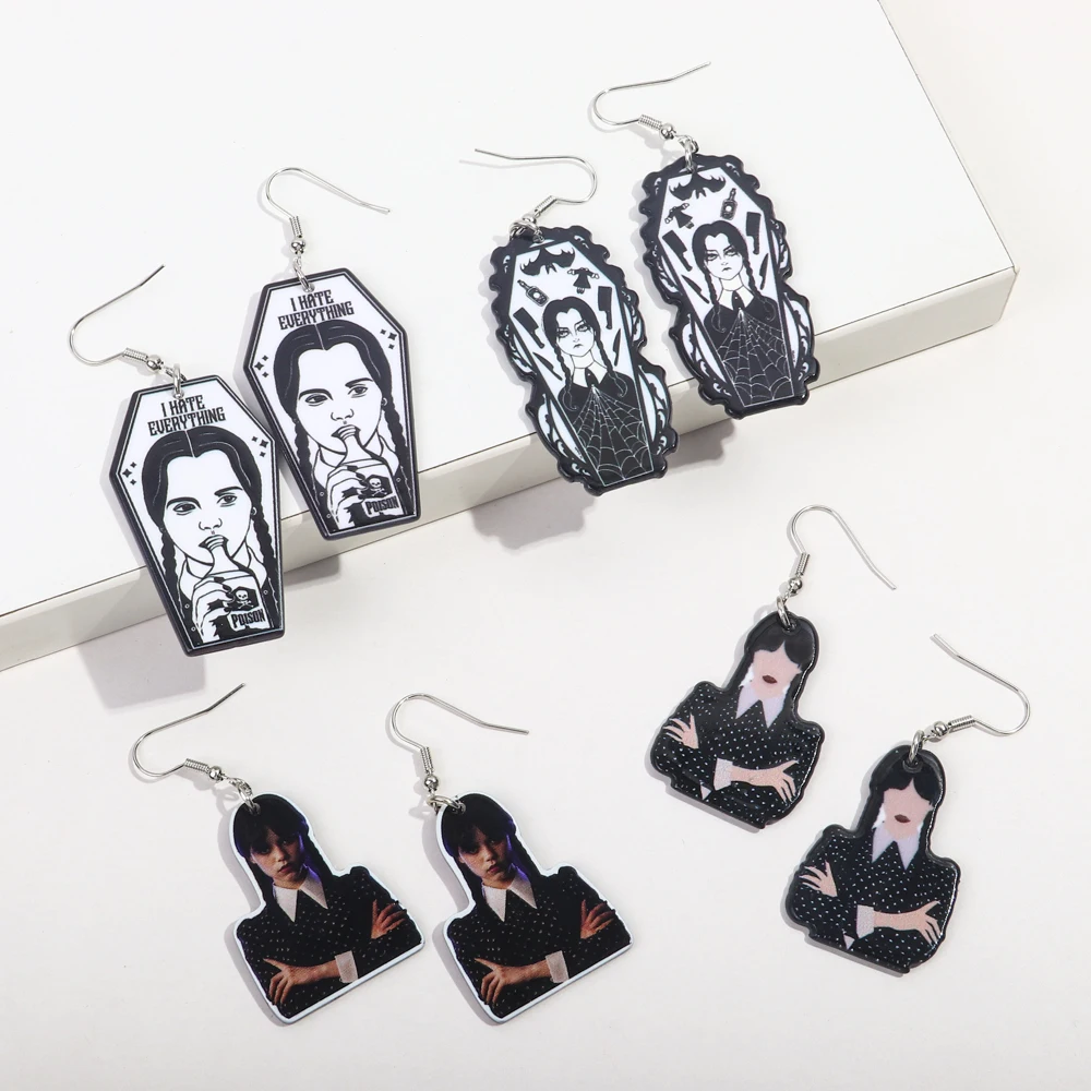 Hit movie Addams Family actress earrings twist braid little girl cute polka dot dress cartoon geometric acrylic drop earrings