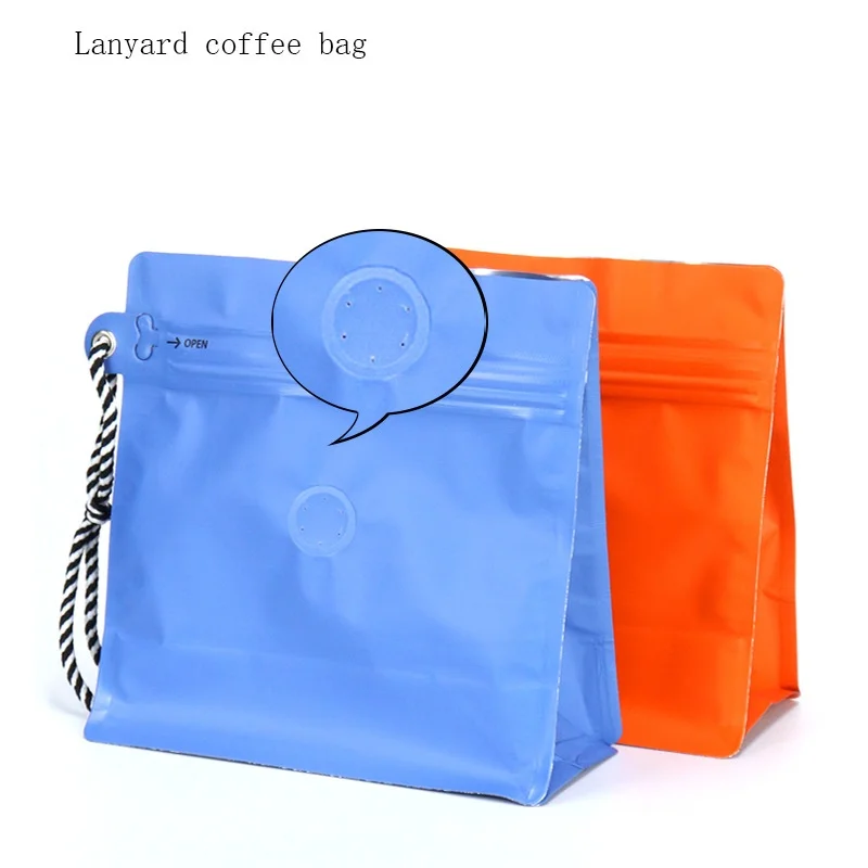 Custom Packaging Colored Valve Coffee Beans Resealable Bag 500G 250G 200G 100G Flat Bottom Zipper Stand Up Pouch With Lanyard