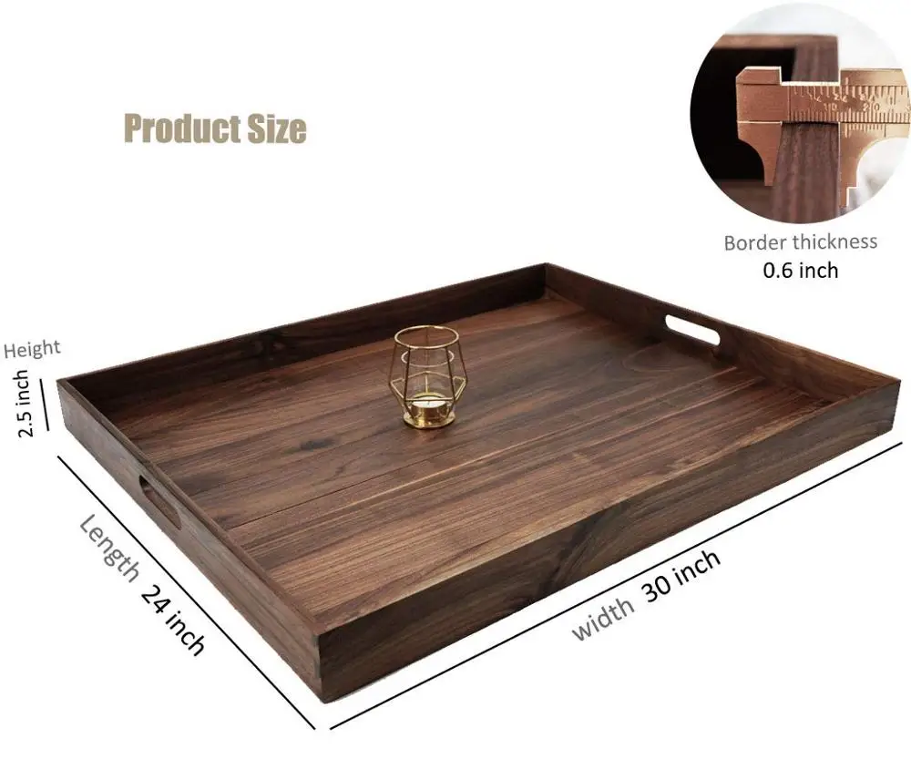 Solid Wood Ottoman Tray with Handles Extra Large Rectangle Black