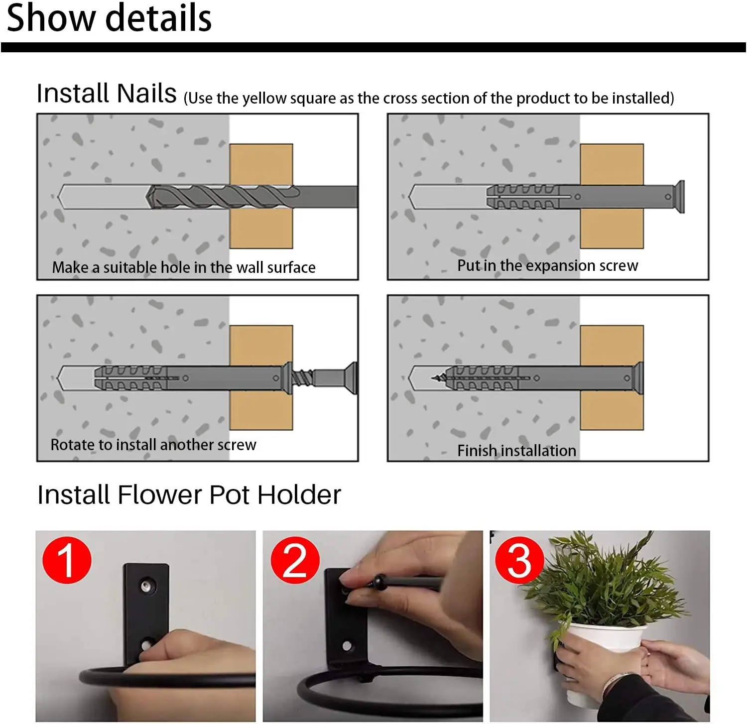 6 Inch Flower Pot Holder Ring Wall Mounted 3 Pack Metal Plant Hooks Hangers Collapsible Bracket,Planter Pots Hook Hangers