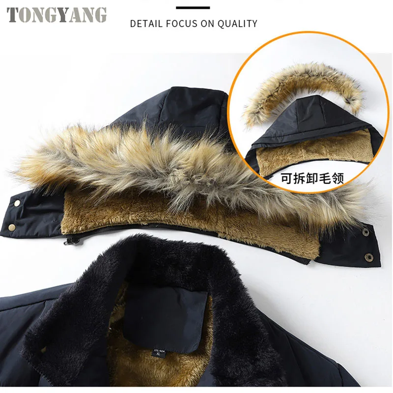 TONGYANG New Men Winter Parka Fleece Lined Thick Warm Hooded Fur Collar Coat Male Size 5XL Plush Jacket Autumn Work Outwearing