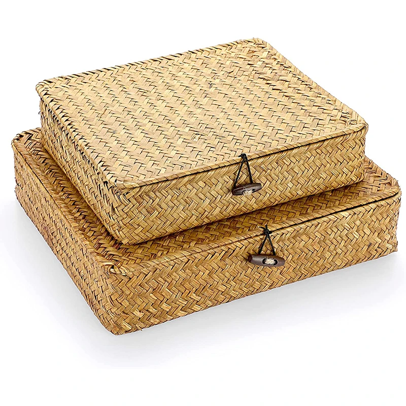 Woven wicker storage box multifunctional home storage box with cover, suitable for storing woven baskets on shelves