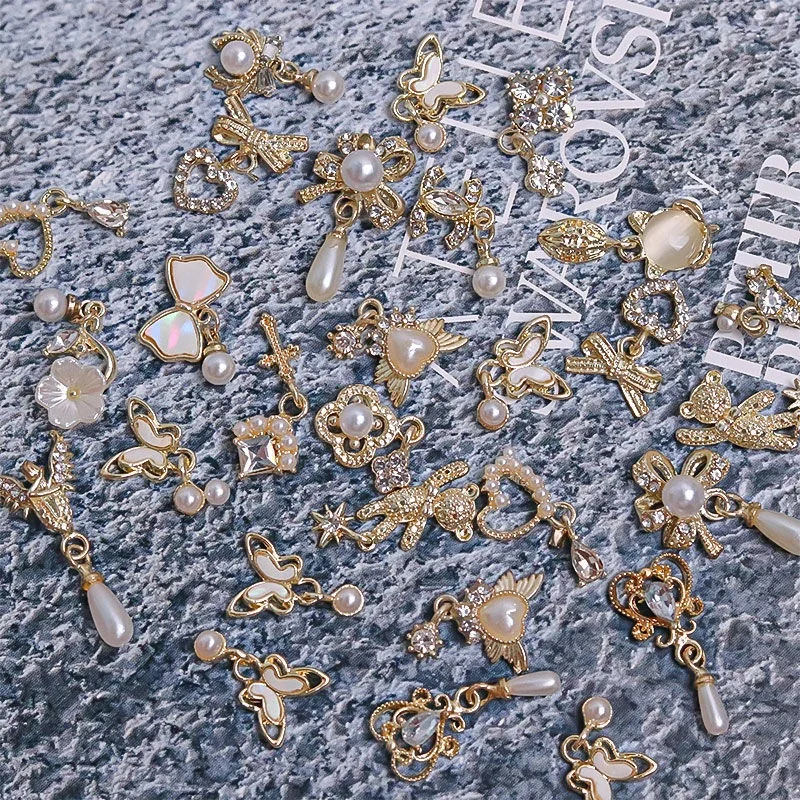 50Pcs/Lots Mix Design Nail Charms Decorations Alloy Gold Silver Metal Nail Charms Manicure Jewelry 3D Charms