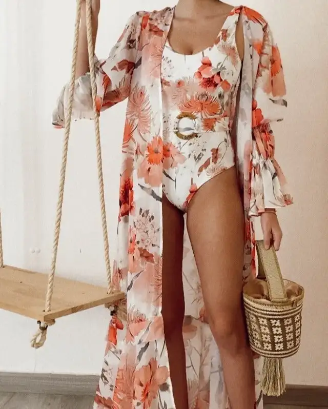 2022 New Women Straw Ring Belt Printed One Piece Swimsuit and Flared Sleeve Chiffon Cover Up Floral Print Beachwear Swimwear