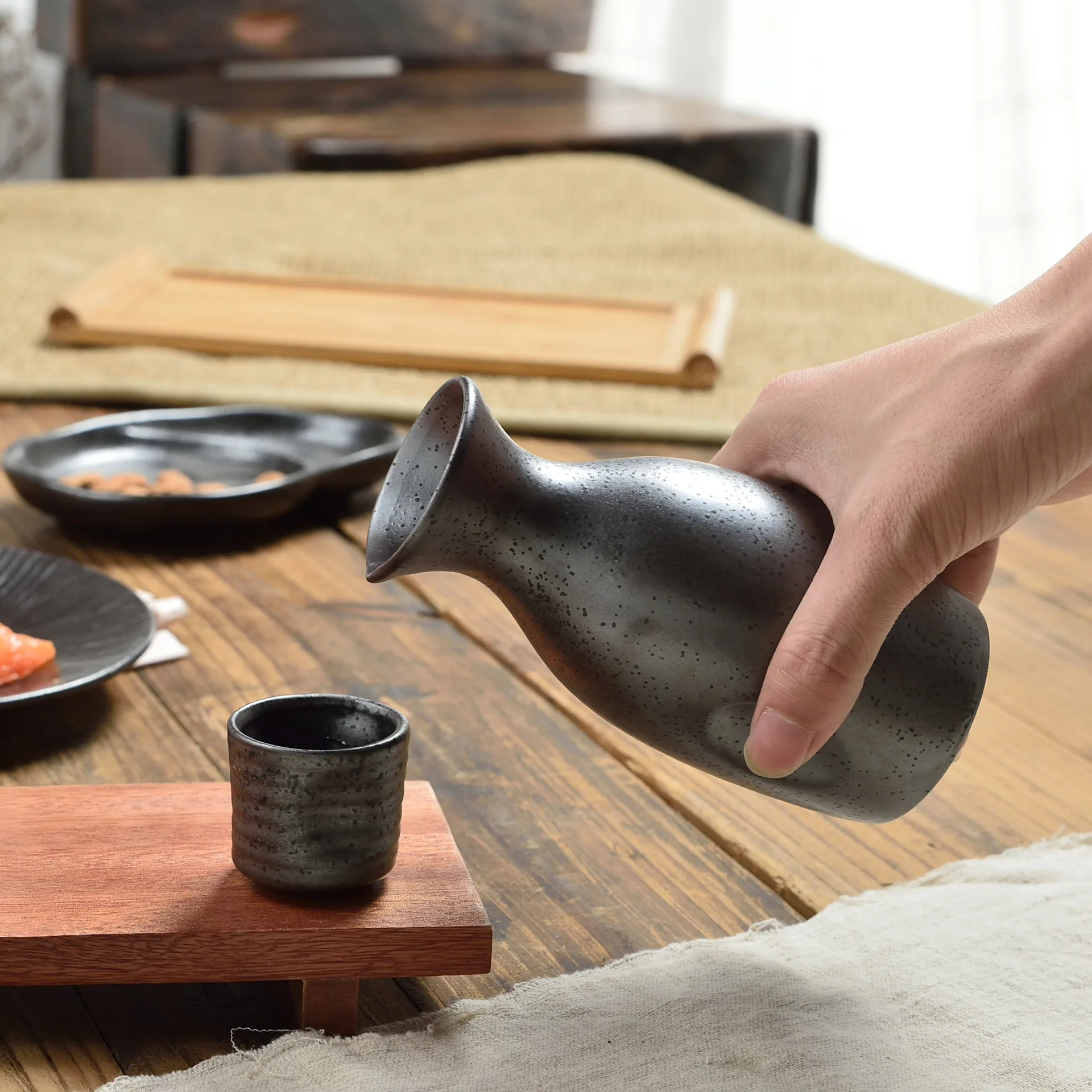 Matte Black Stoneware Korean Japanese Wine Glass Ceramic Tea Cup Sake Cup