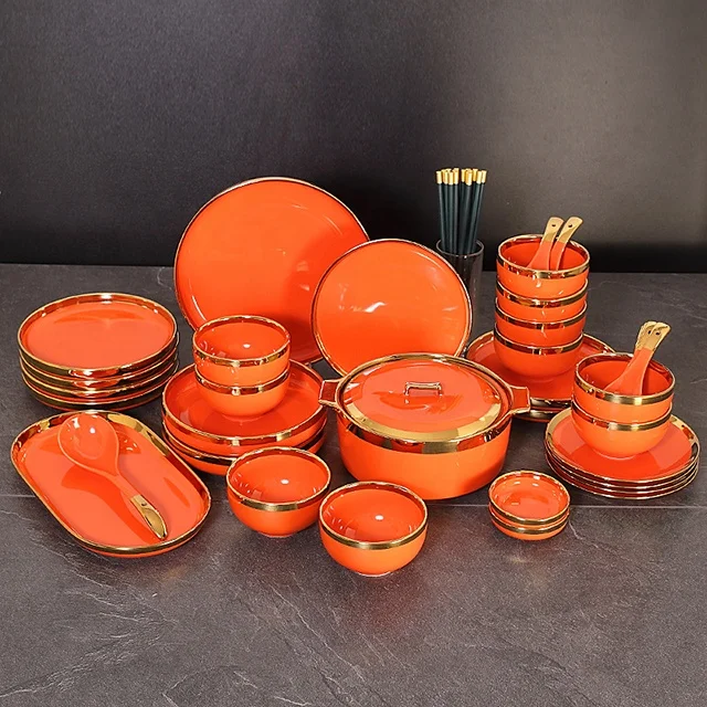 European Style Porcelain Plates With Gold Rim Creative Orange Ceramic Bowl Modern Glaze Dinner Tableware