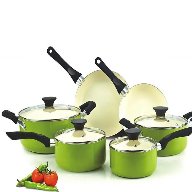 
10 Piece Pressed Green Ceramic Non-Stick Aluminum Pots and Frying Pans Set 