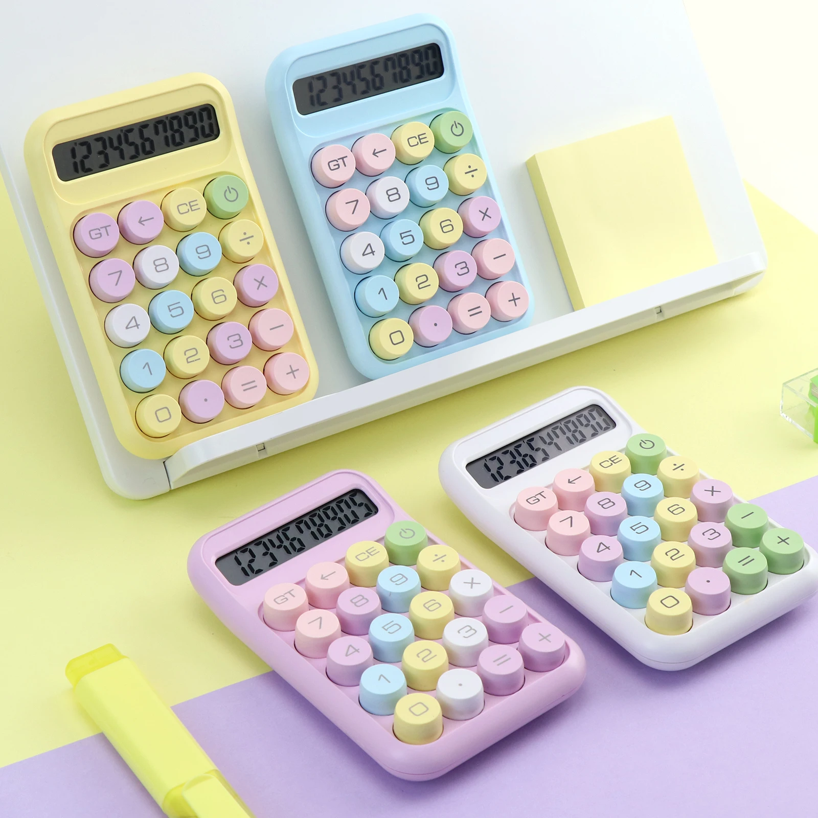 New Design 4 Color Macaron Mechanical keyboard Round Button LCD Screen Office Desk Energy Saving Electronic Solar Calculator