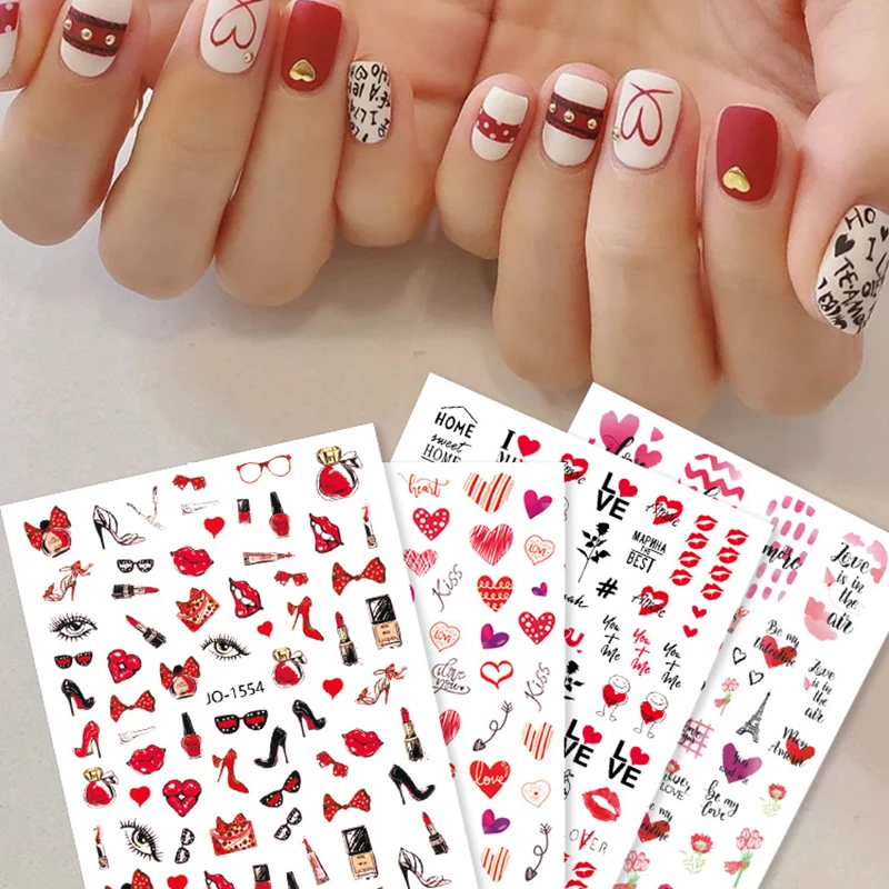 Наклейки для ногтей в форме сердца и влюбленных, водные переводки, Цветные Волнистые Геометрические линии, талисманы, слайдеры, декоративные накладки для дизайна ногтей