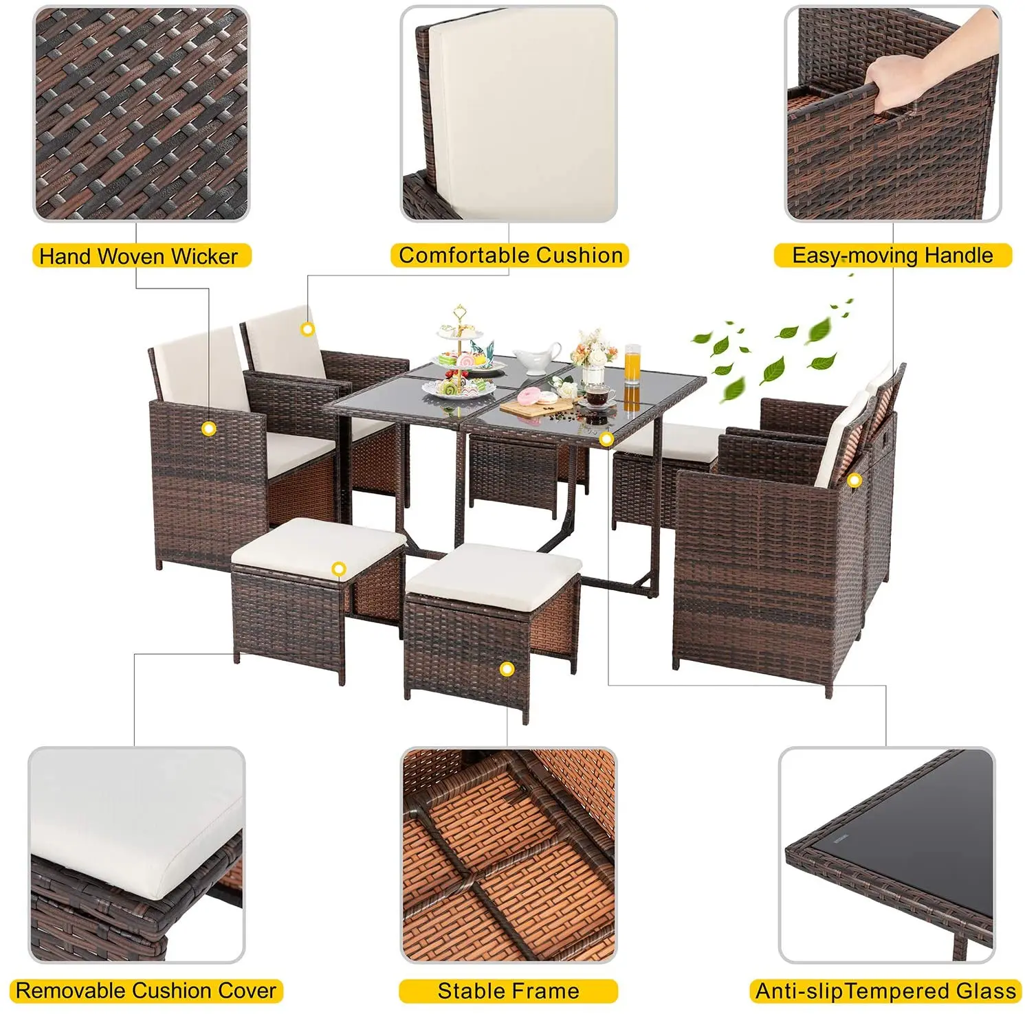 9 Piece Small Patio Dining Set Lawn Outdoor Garden Backyard Patio PE Wicker Rattan Furniture Set