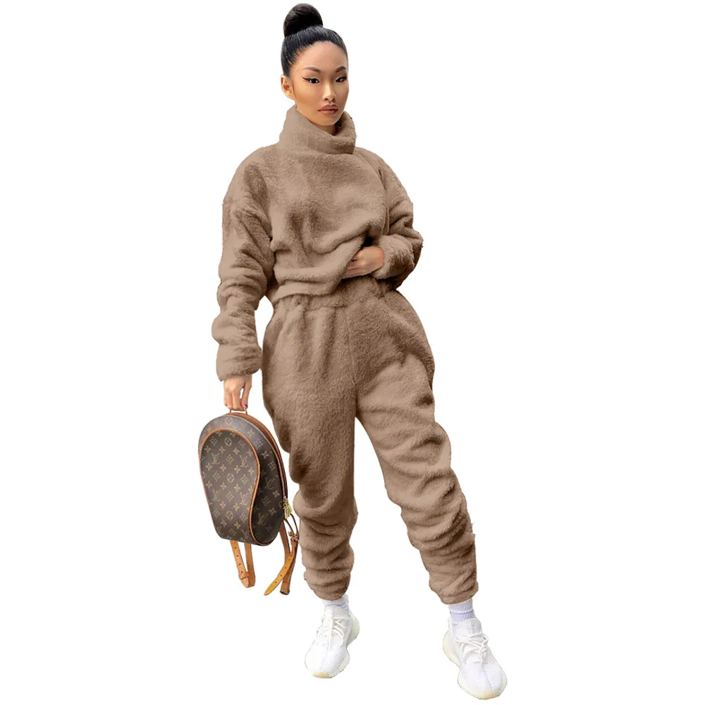 Winter 2021 women fashion stand collar velvet tracksuit coats jackets casual sweat suit fall clothing two piece pant set