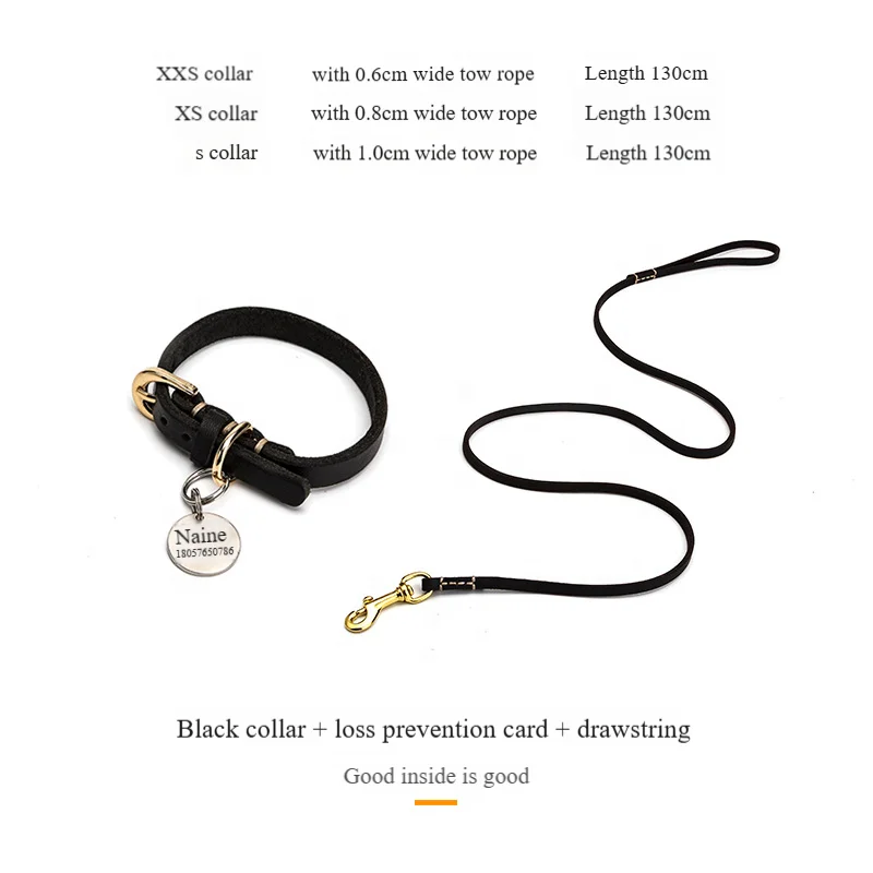 Minerva OEM ODM Premium Genuine Leather Small Medium Pet Dog Puppy Cat Collar Anti Lose Tag Leash Set Durable Pet Accessories