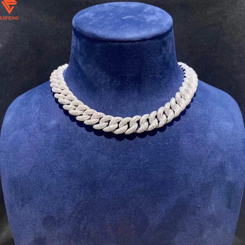 18MM 925 Sterling Silver Miami Cuban Necklace Iced Out Hiphop Moissanite Diamond White Gold Color Cuban Link Chain Necklace