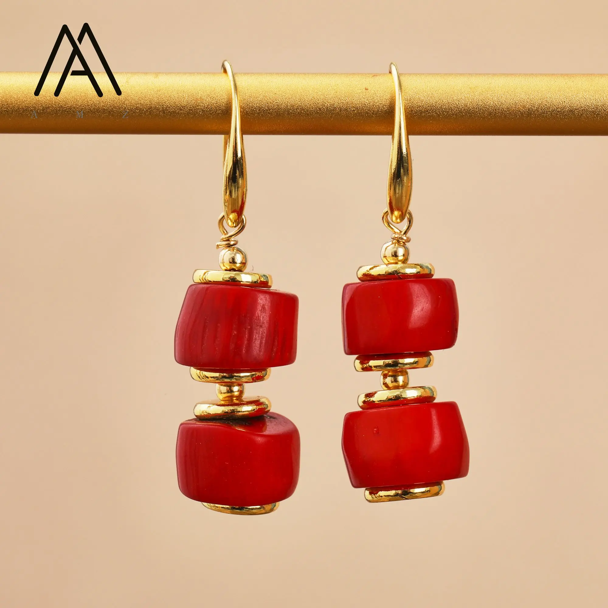 Natural Red Coral Drop Earrings for Women Fashionable Vintage Design with Gold Plating for Parties