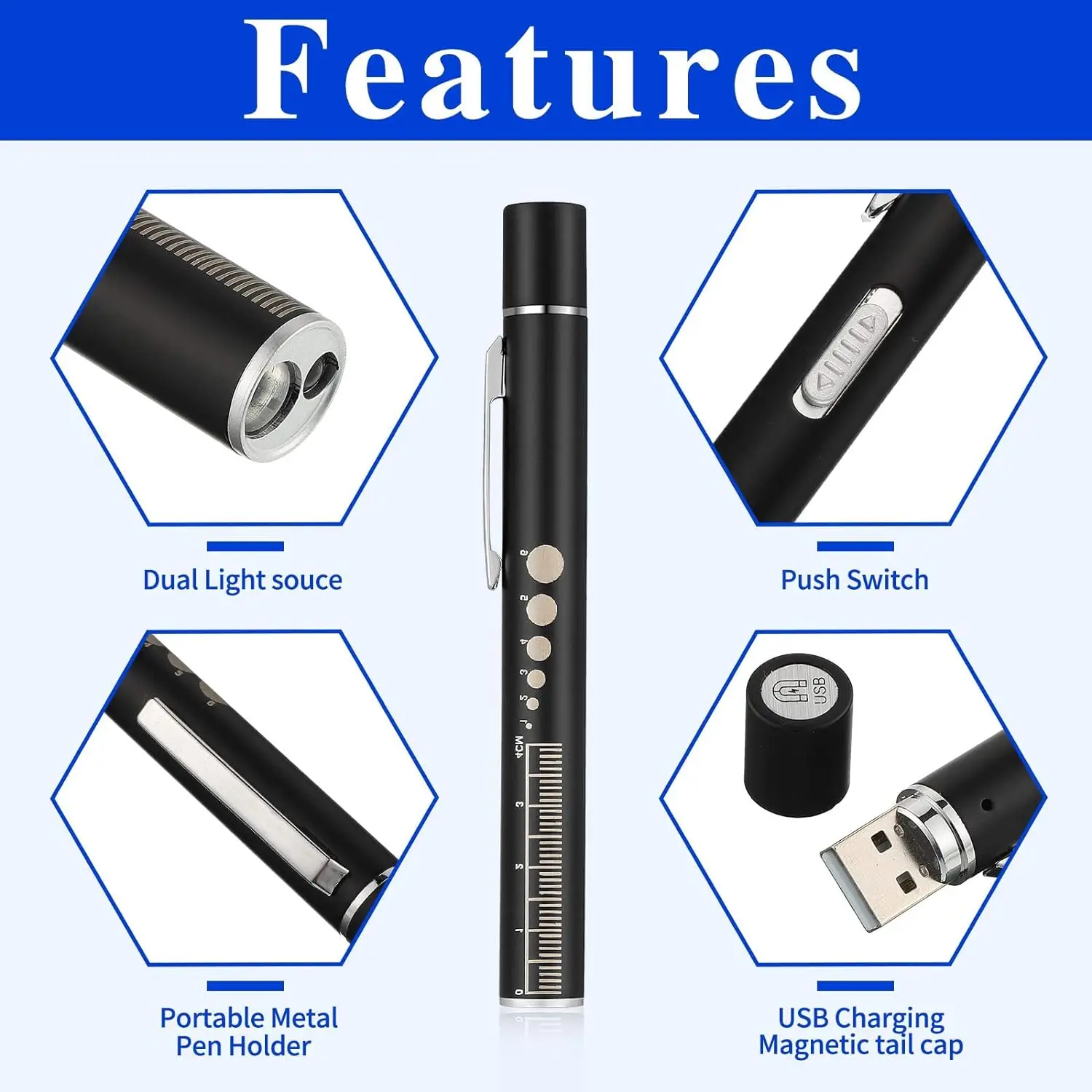 USB Rechargeable LED Penlight Flashlight for Nurses Doctors Warm/White Light Pupil Gauge Ruler Pocket Clip Nursing Student Gifts