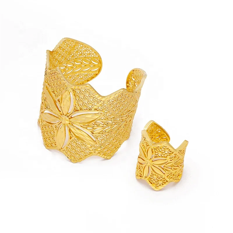 JXX Hot Selling High Quality Wedding Ring Sets India Ring And Bangle Cuff 24K Gold Plated Hollow Out Copper Jewelry