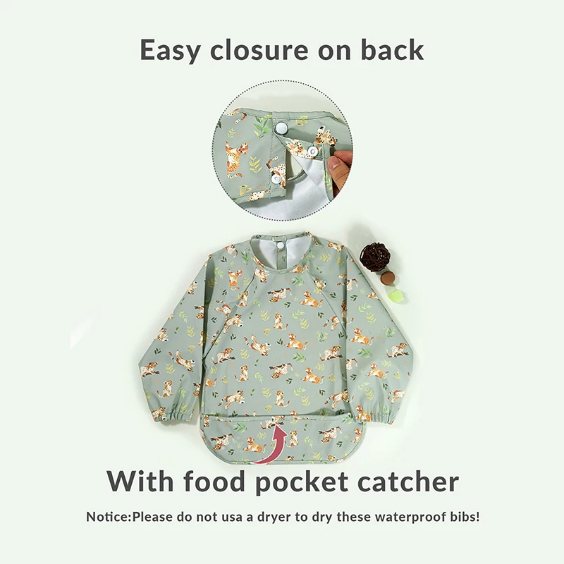 Girls PU Bib Baby Apron Cloth Long Sleeve OEM Service 100% Polyester Printed Support Button
