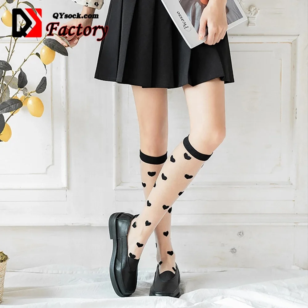 Korean Heart Love Tulle Glass Silk Socks Women Summer New Ladies Lace Transparent Ultra-thin Mesh Colorful Nylon Sheer Socks