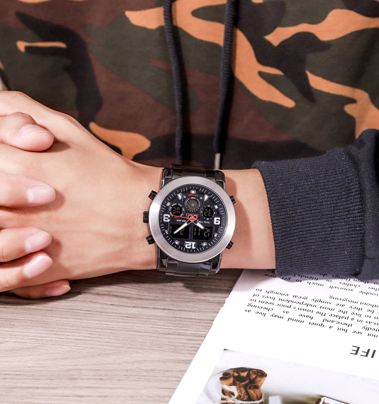 Skmei 1642 Three Times Men Big Dial Watch Analog and Digital Quartz Stainless Steel Watches