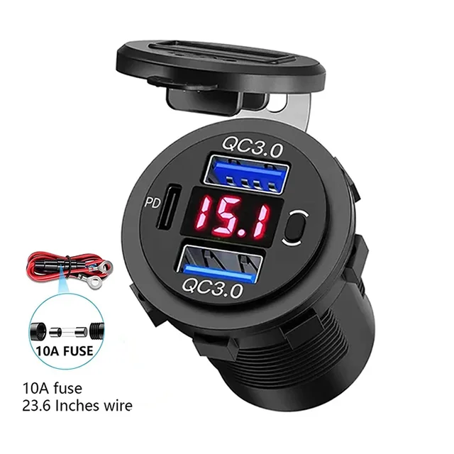 Высокое качество USB зарядное устройство 12 В Dual C PD3.0 Type QC3.0 автомобильное розетка со светодиодным переключателем вольтметра