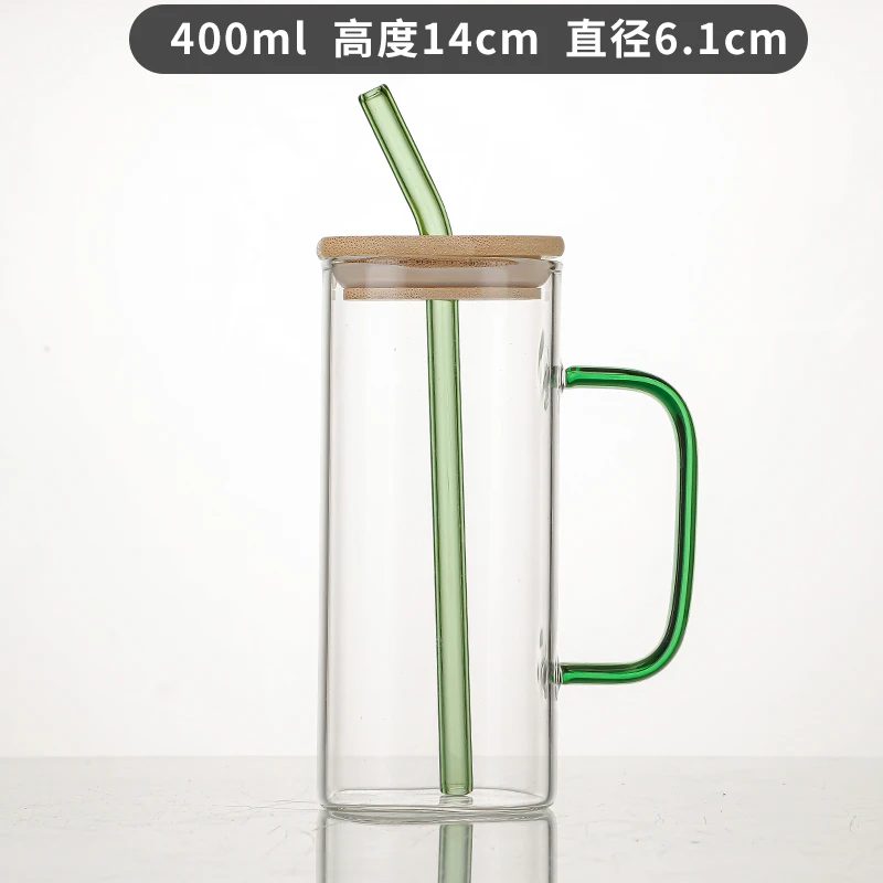 Square High Borosilicate Glass Beverage Cup with Straw In Stock 400ml Creative Glass Cold Drink Mug with Wooden Lid and Handle