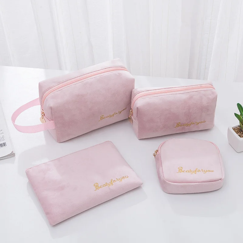 Custom Velvet 4 Pieces set Makeup Pouch bag Luxury Beauty Zipper Closure Travel Pink Cosmetic Bag  with Embroidery Logo