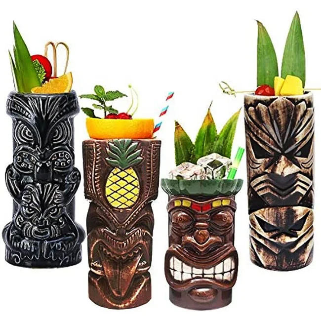 Wholesale handmade custom funny Hawaii tiki glasses cocktail ceramic cups sublimation tiki mugs