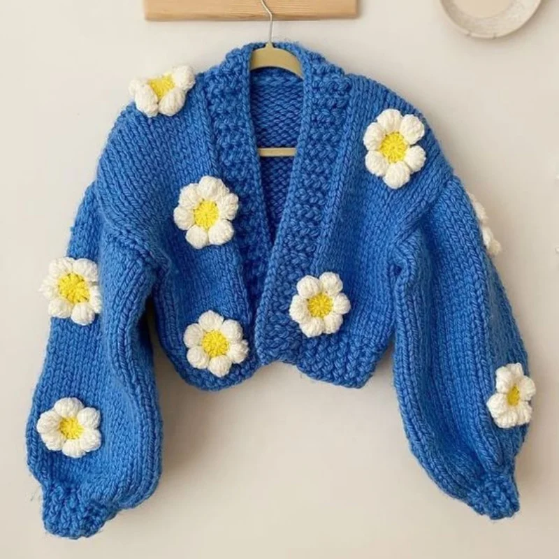 Fashion Winter Open Front Crochet Flower Knit Cardigan Chunky Sweater