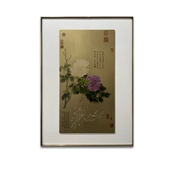 Chinese ancient style flower painting hotel wall art indoor home decorative copper plate linen metal frame painting