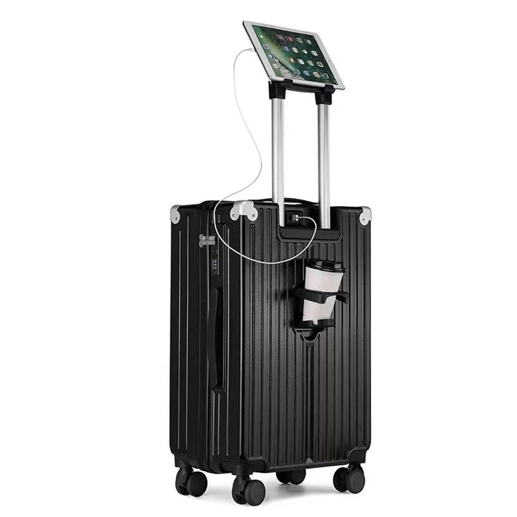 2022 new multi function trolley case with phone holder water proof smart luggage with usb charging Port suitcase with cup holder