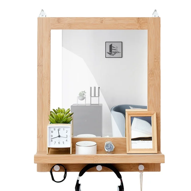 
Eco-friendly Bamboo Wall Mirror with Shelf for Bathroom 