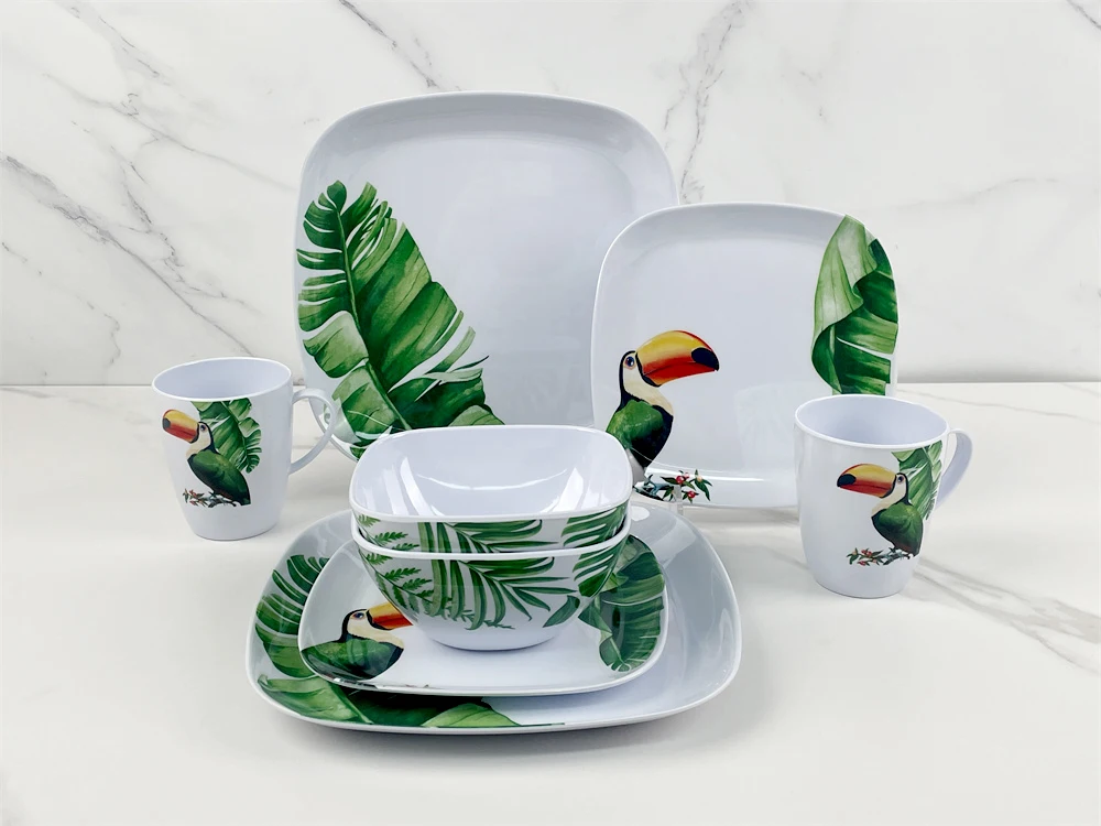 New design spring leaf toucan custom logo fine melamine dinnerware set luxury 16pcs plastic dinner sets