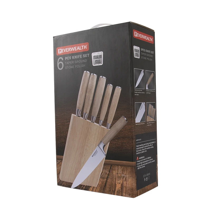 2024 best selling 6pcs kitchen knife wooden block set rubber wood handle