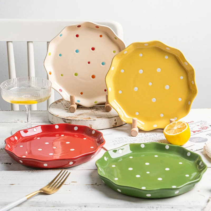 Hand Painted Polka Dots Cute Ceramic Dishes Casual Round Shape Cake Plates Sets Dinnerware