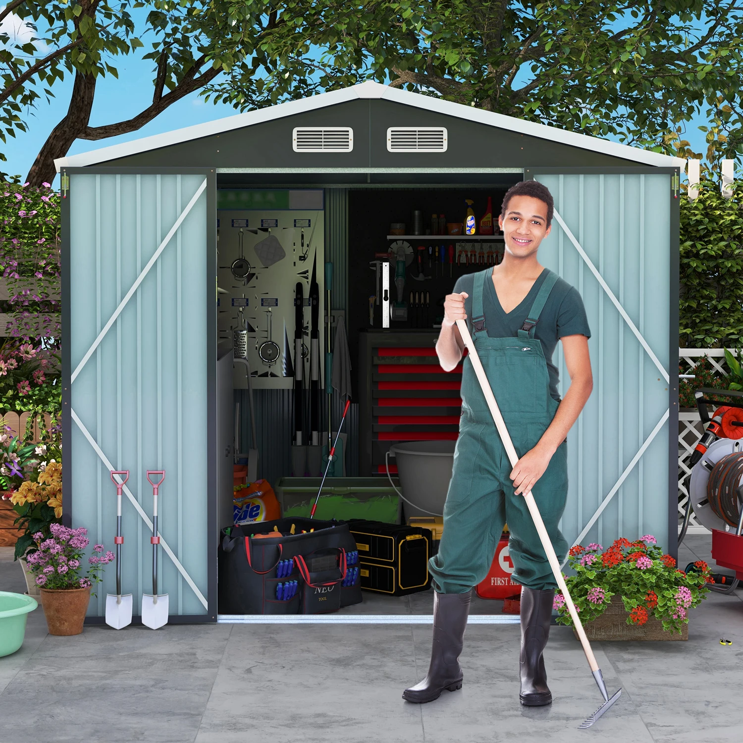 Outdoor Steel Metal Storage Shed with Floor Frame Foundation Base Kit Gray Tool Utility for Garden Backyard Lawn