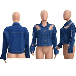 Wholesales Women Long Sleeve Solid Color Distressed Hole Off Shoulder Turndown Collor Coated Jeans Coat Jacket For Women Coats