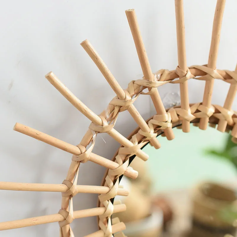 Rattan Materials Mirror Boho style Round Hanging Wall Mirror Rustic Wooden Frame Circle Mirror for Farmhouse