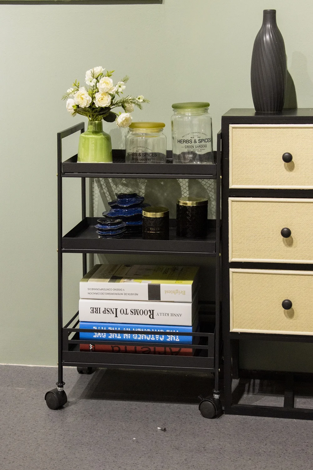 K&B contemporary iron multi layer storage shelf hotel drinks trolley bar luxury black service cart kitchen rack