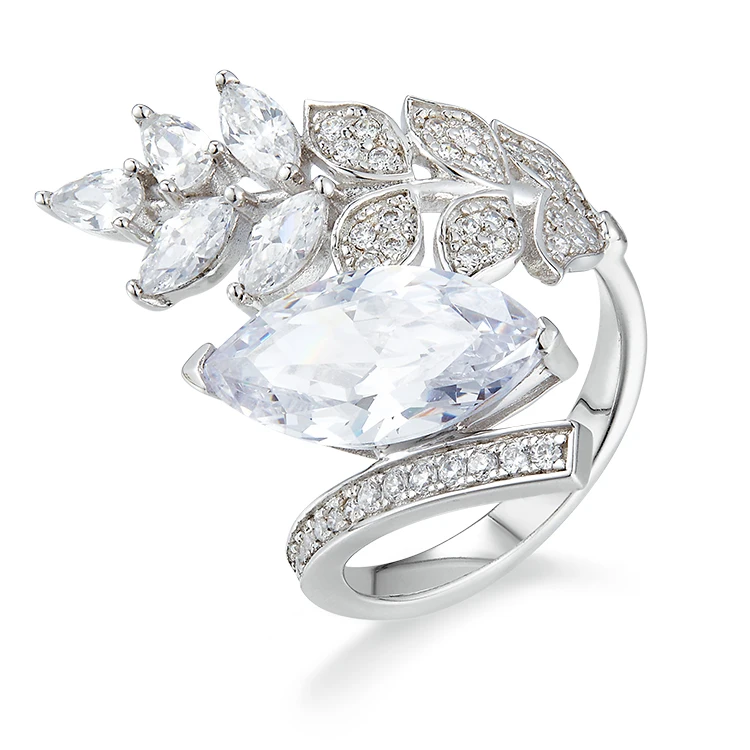 Luxury 925 Sterling Silver  Leaf Rings Jewelry Women Cubic Zirconia Stone Ring