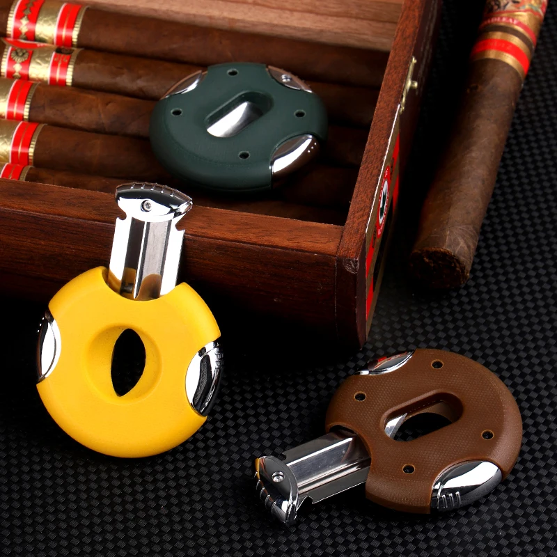Stainless Steel Guillotine Double Cut Round Head Scissors Yellow Sharp Blades Pocket Size Classic Comfortable Cigar Cutter