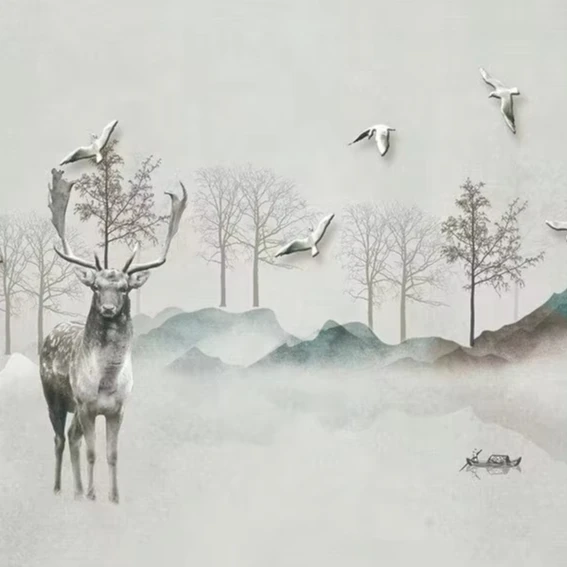chrismas abstract snow elk forest bird tree design print big size custom up to 3*5m & 3.2*10m/piece high-end fabric wall mural
