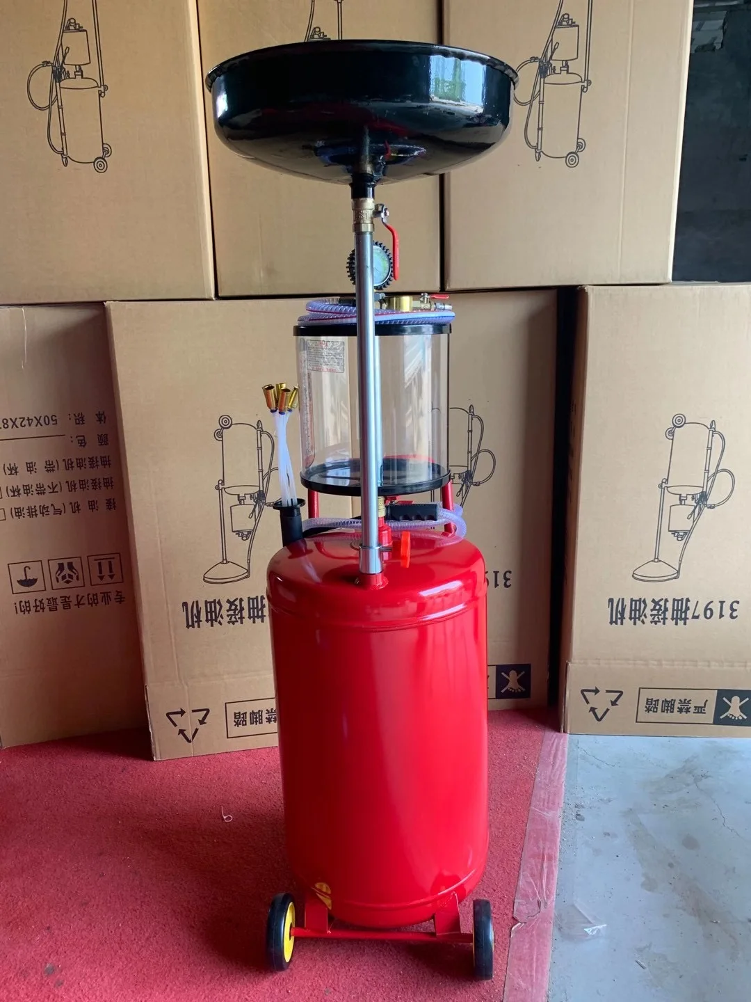 Adjustable Funnel Height Red 20 Gallon Air Operated Industrial Fluid Drain Tank Portable Waste Oil Drain With Wheel