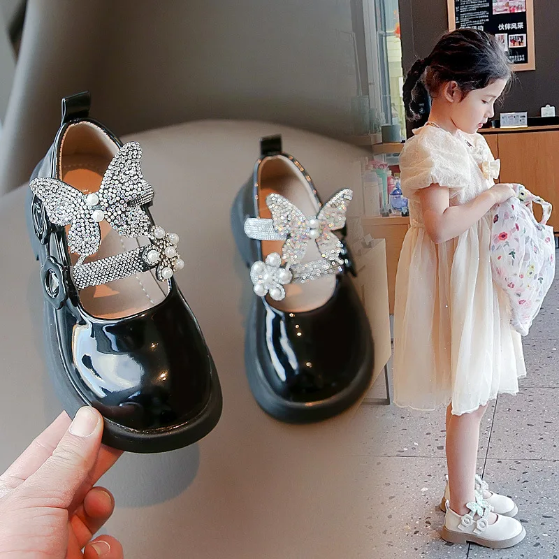 2024 New Kids Leather Shoes Fashion Fringed Butterfly Knot Girls Princess Shoes Casual Glitter Children Student Shoes