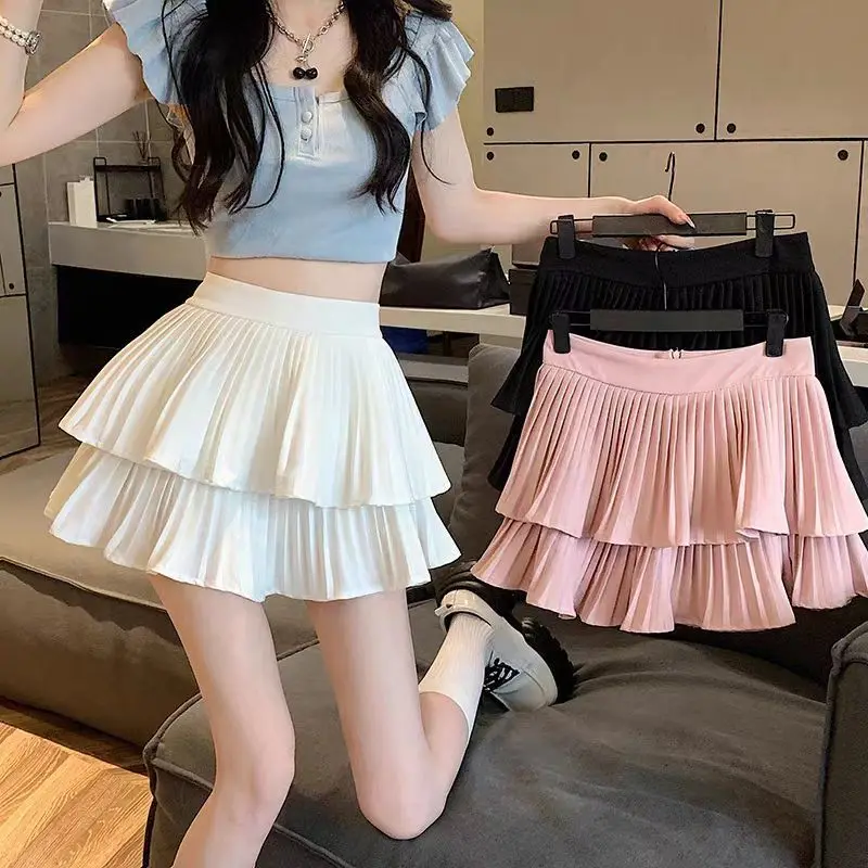 High Waist Pleated Mini Skirt Women Double Layer White A-line Skirt with Shorts Y2k Clothes Korean Fashion Goth Harajuku Skirt