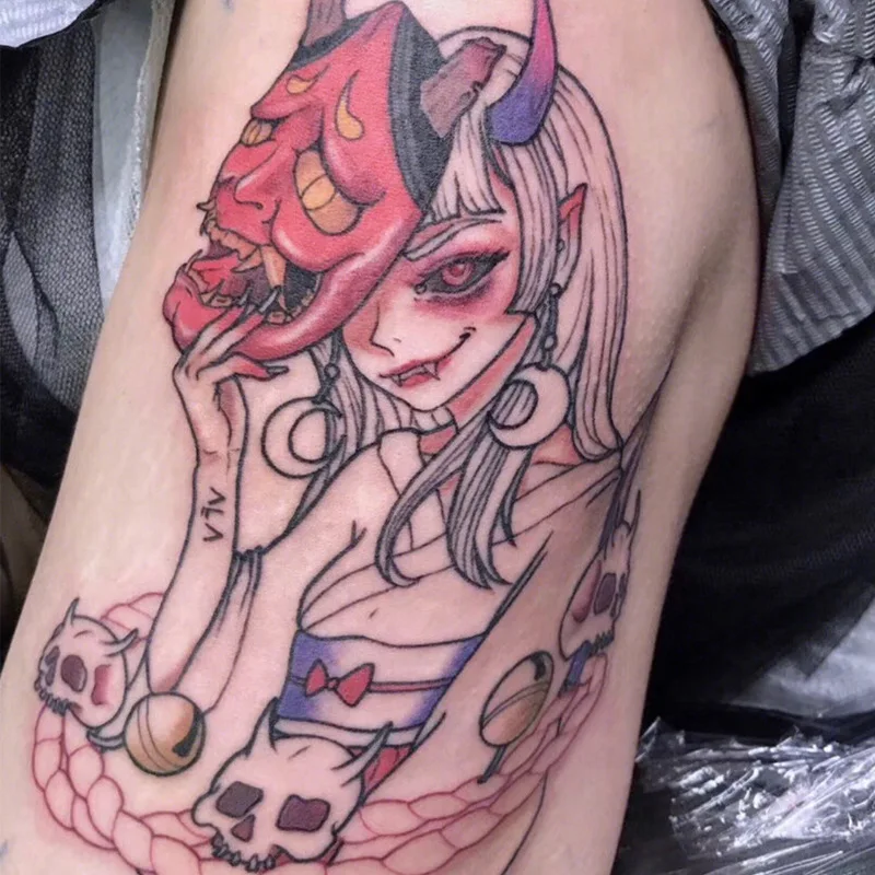 Cartoon tattoo with beautiful girl style anime flower arm tattoo sticker waterproof