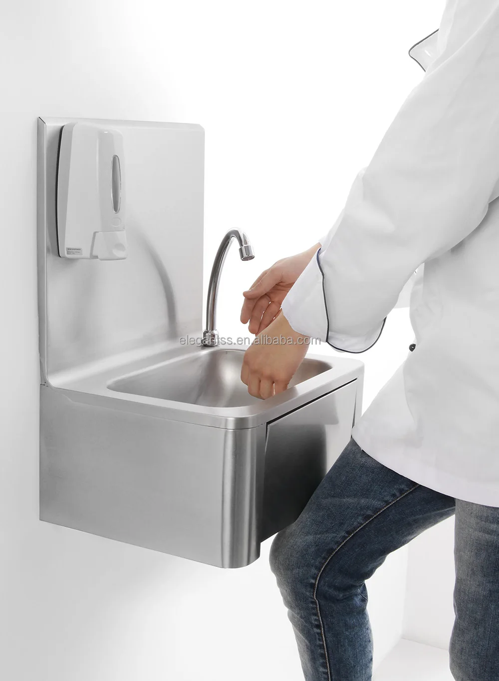 Commercial Kitchen Wall Mounted Stainless Steel Knee Push Operated Sink