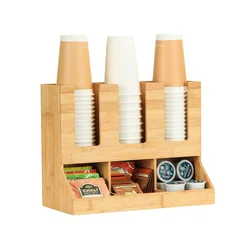 High quality natural wood Bamboo coffee station organizer 6 Compartments Condiment Rack