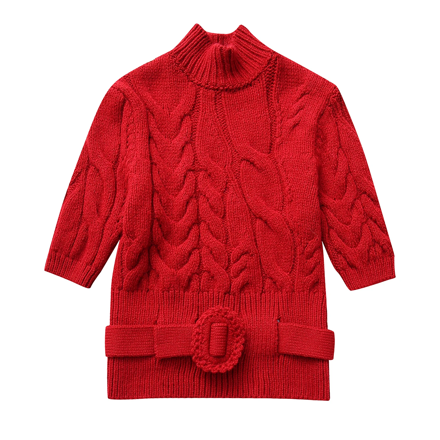 Red color sashes twist pattern half sleeve stand collar casual fashion knitted sweater for women