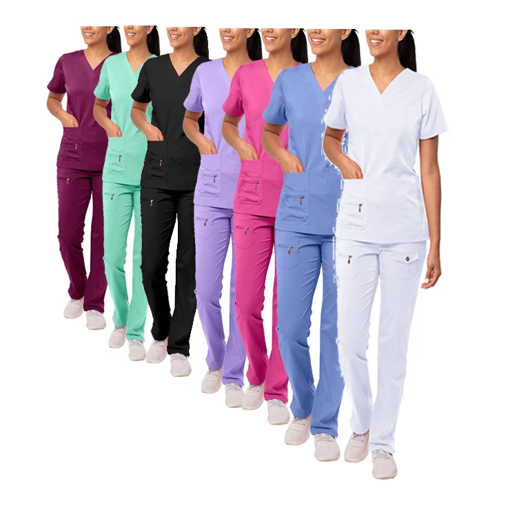 Wholesale V-neck Customized Fashionable Polyester Women Medical Nurse Scrubs Uniforms Sets Hospital Easter Scrubs Suits